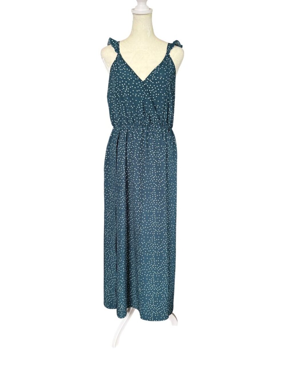 SHEIN maxi dress green and white polka dot v-neck flutter straps size medium